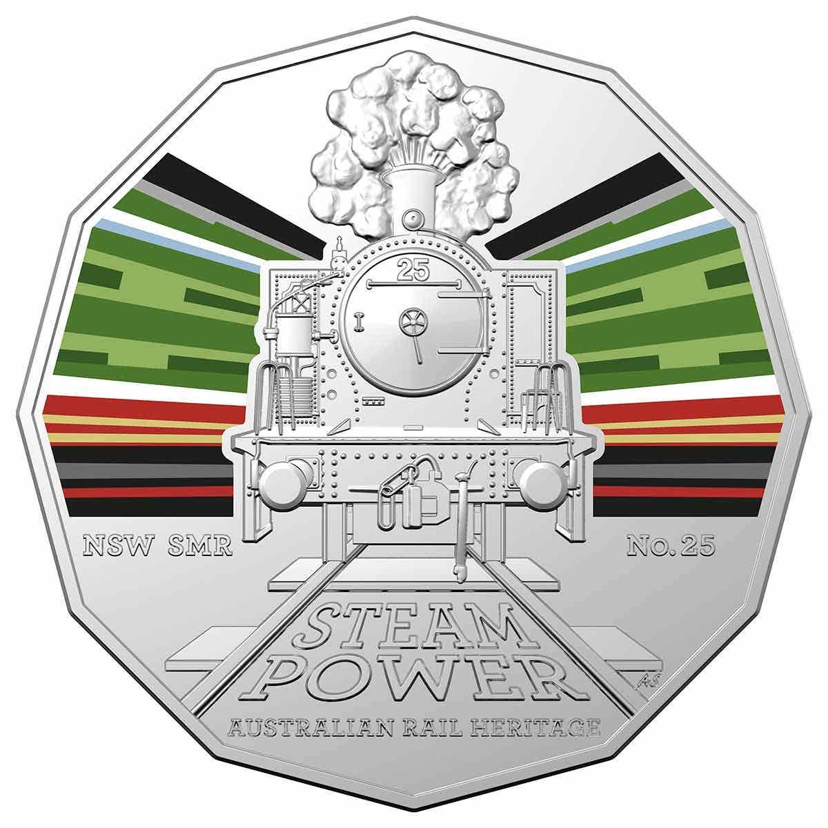 2022 50c Steam Power - NSW South Maitland Railways 10 Class No.25 Coloured Coin - Mastercoins