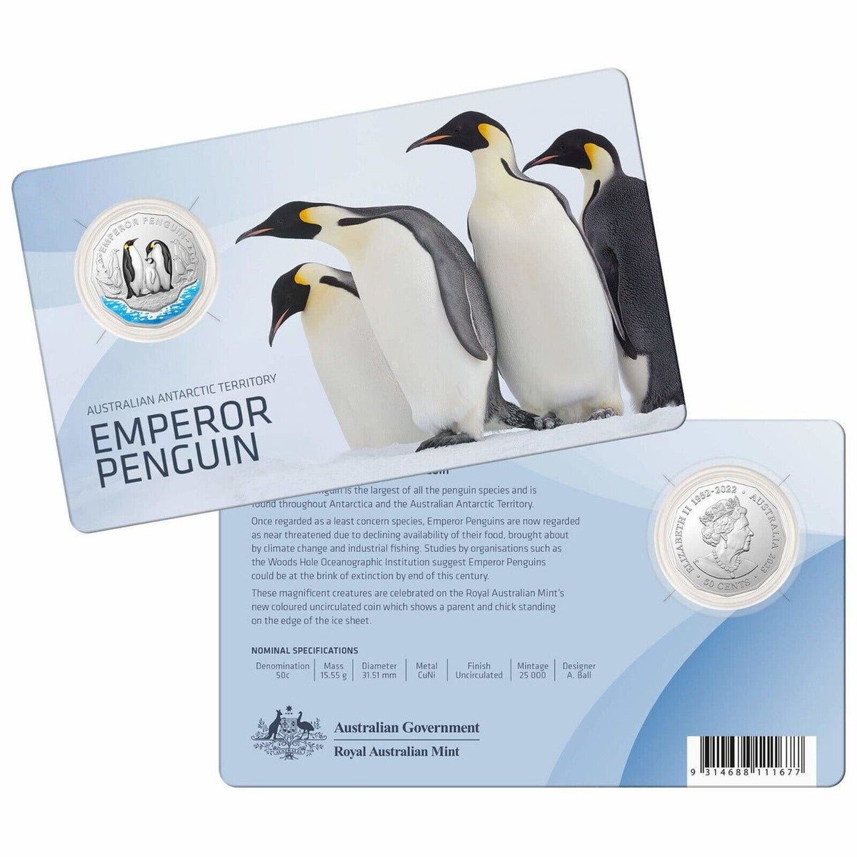 2023 50c Australian Antarctic Territory - Emperor Penguin Coloured Coin - Mastercoins