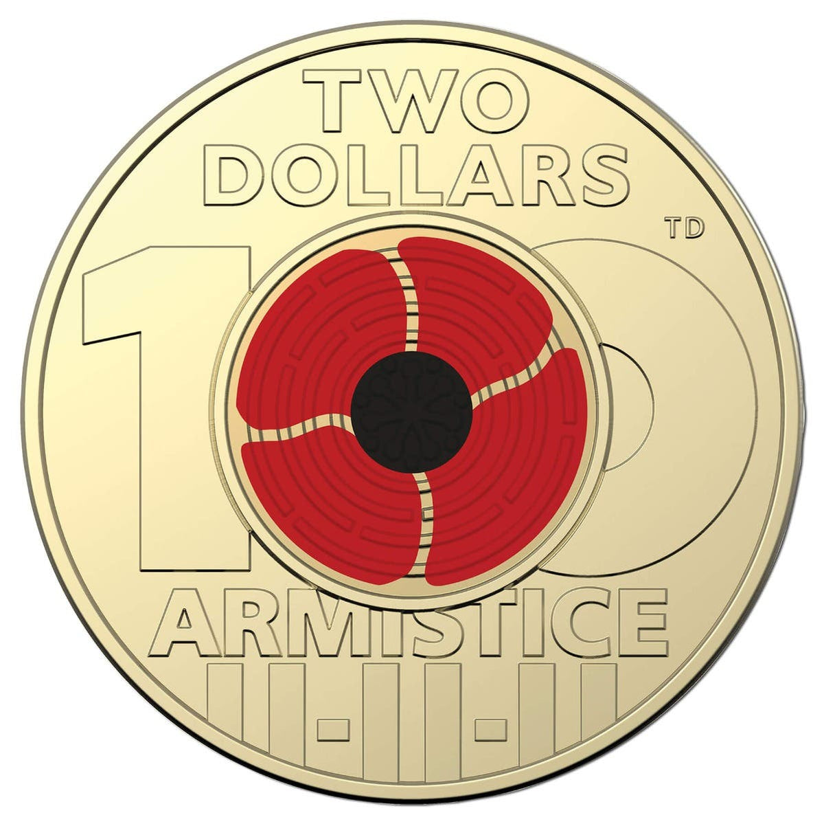 2018 $2 Armistice red poppy coloured coin