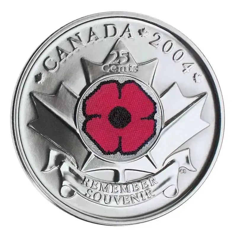 2004 - P Canadian 25 - Cent Remembrance Poppy Coloured Quarter Coin - UNC ex Mint Roll - Mastercoins