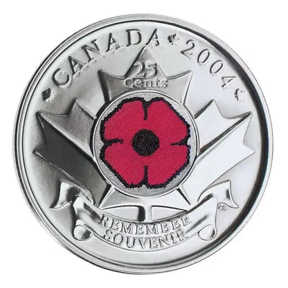 2004 - P Canadian 25 - Cent Remembrance Poppy Coloured Quarter Coin - UNC ex Mint Roll - Mastercoins