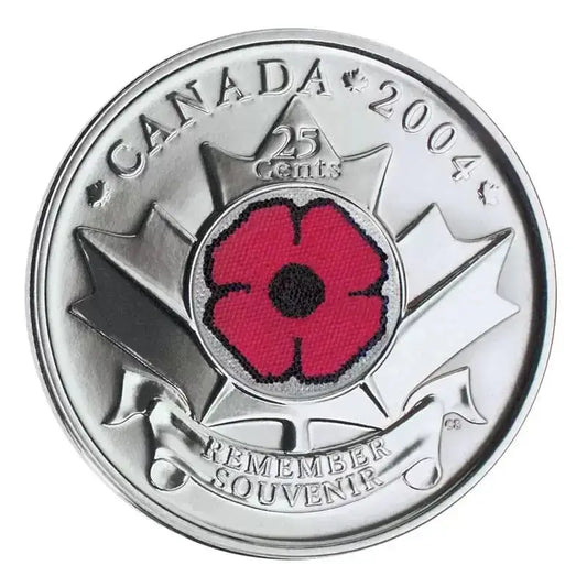 2004 - P Canadian 25 - Cent Remembrance Poppy Coloured Quarter Coin - UNC ex Mint Roll - Mastercoins