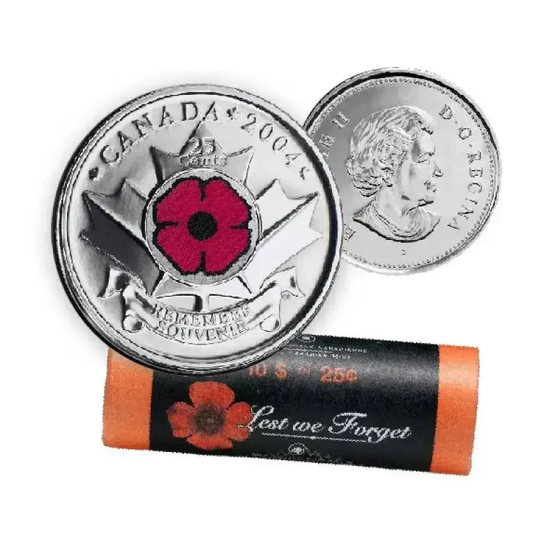 2004 - P Canadian 25 - Cent Remembrance Poppy Coloured Quarter Special Wrap Coin Roll - Mastercoins