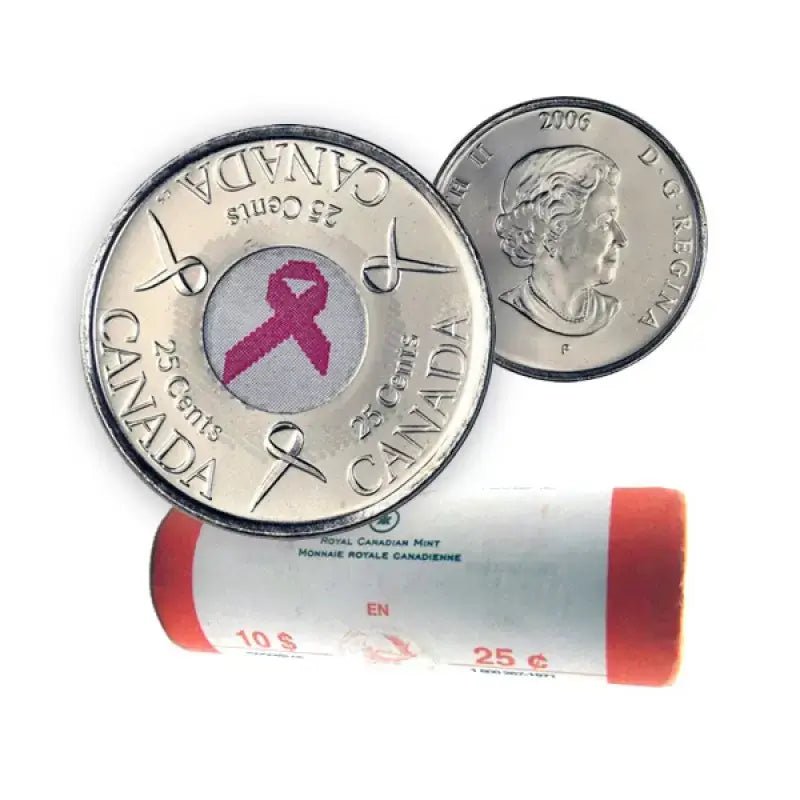 2006 Canadian 25 Cent Pink Ribbon, Breast Cancer Awareness Coloured Quarter Original Coin Roll - Mastercoins