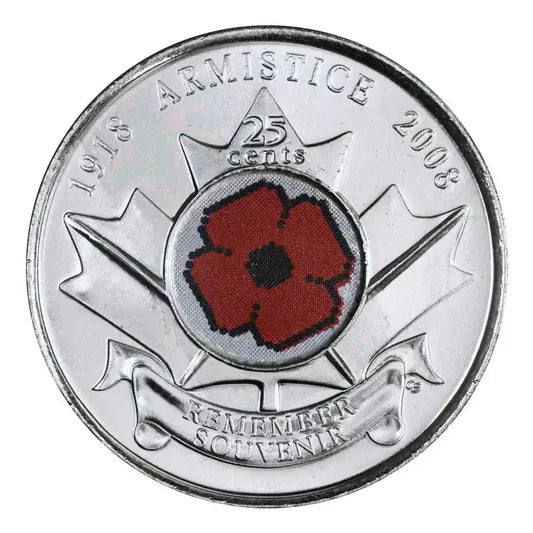 2008 Canadian 25 Cent Poppy Armistice 90th Anniv Coloured Quarter Coin - UNC ex Mint Roll - Mastercoins