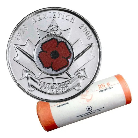 2008 Canadian 25 - Cent Poppy Armistice 90th Anniv Coloured Quarter Original Coin Roll - Mastercoins