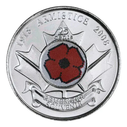 2008 Canadian 25 - Cent Poppy Armistice 90th Anniv Coloured Quarter Original Coin Roll - Mastercoins