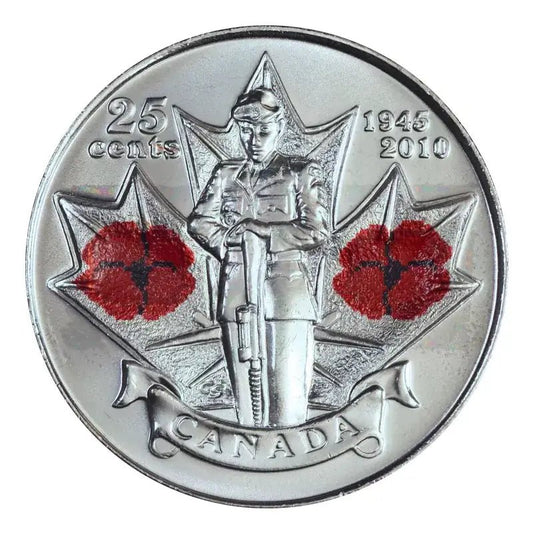 2010 Canadian 25 - cent Remembrance Poppy/WWII 65th Anniv Coloured Quarter Coin - UNC ex Mint Roll - Mastercoins