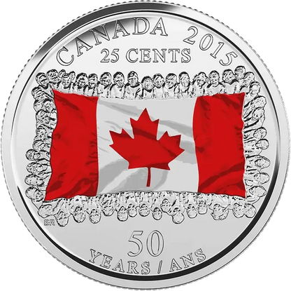 2015 Canadian 25 Cent National Flag 50 Years Coloured & Non - Coloured Quarter Coin - UNC ex Mint Roll - Mastercoins