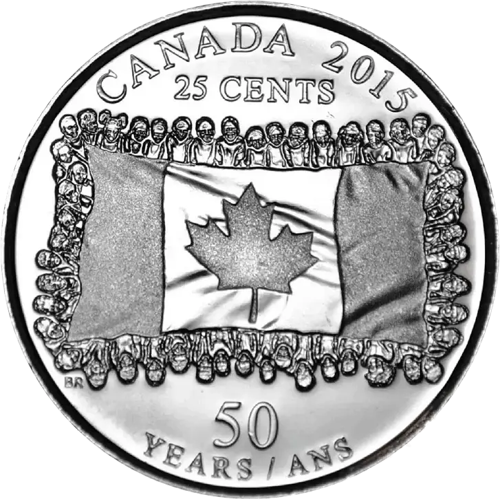 2015 Canadian 25 Cent National Flag 50 Years Coloured & Non - Coloured Quarter Coin - UNC ex Mint Roll - Mastercoins