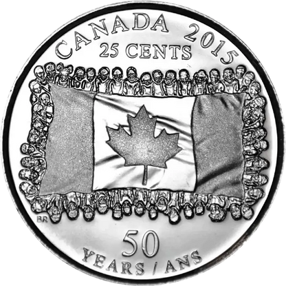 2015 Canadian 25 Cent National Flag 50 Years Coloured & Non - Coloured Quarter Coin - UNC ex Mint Roll - Mastercoins