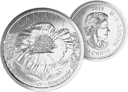 2015 Canadian 25 Cent Remembrance Poppy Coloured & Non - Coloured Quarter Coin - UNC ex Mint Roll - Mastercoins