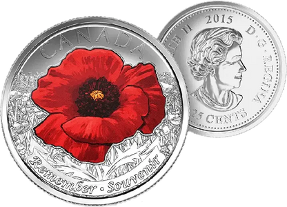 2015 Canadian 25 Cent Remembrance Poppy Coloured & Non - Coloured Quarter Coin - UNC ex Mint Roll - Mastercoins