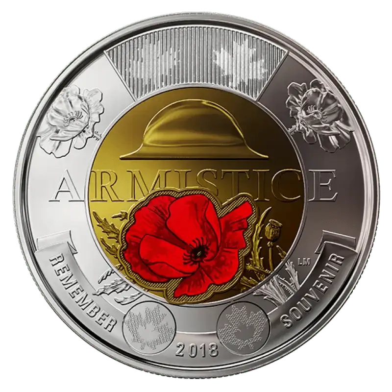 2018 Canadian $2 Armistice 100th Anniv Remembrance Coloured Poppy Toonie Coin - UNC ex Mint Roll - Mastercoins