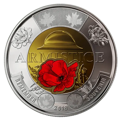 2018 Canadian $2 Armistice 100th Anniv Remembrance Coloured Poppy Toonie Coin - UNC ex Mint Roll - Mastercoins