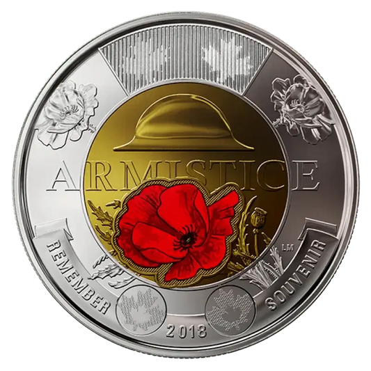 2018 Canadian $2 Armistice 100th Anniv Remembrance Coloured Poppy Toonie Coin - UNC ex Mint Roll - Mastercoins