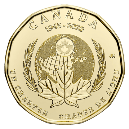 2020 Canadian $1 Signing Of The United Nations Charter 75th Anniv Coloured Loonie Dollar Coin - UNC ex Mint Roll - Mastercoins