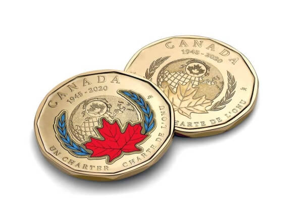 2020 Canadian $1 Signing Of The United Nations Charter 75th Anniv Coloured Loonie Dollar Coin - UNC ex Mint Roll - Mastercoins