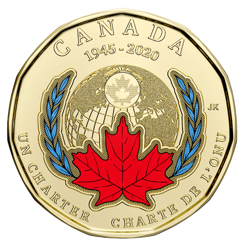 2020 Canadian $1 Signing Of The United Nations Charter 75th Anniv Coloured Loonie Dollar Coin - UNC ex Mint Roll - Mastercoins