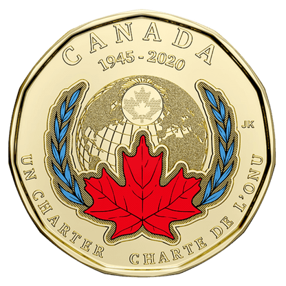2020 Canadian $1 Signing Of The United Nations Charter 75th Anniv Coloured Loonie Dollar Coin - UNC ex Mint Roll - Mastercoins