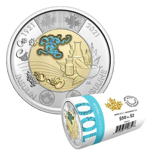 2021 Canadian $2 Discovery of Insulin 100th Anniv Coloured Toonie Special Wrap Coin Roll - Mastercoins