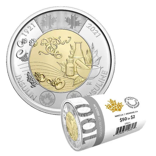 2021 Canadian $2 Discovery of Insulin 100th Anniv Non - Coloured Toonie Special Wrap Coin Roll - Mastercoins