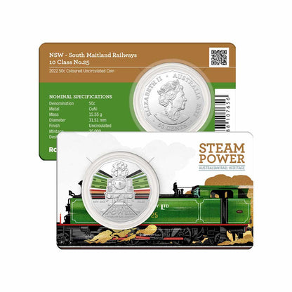 2022 50c Steam Power - NSW South Maitland Railways 10 Class No.25 Coloured Coin - Mastercoins