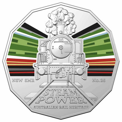 2022 50c Steam Power - NSW South Maitland Railways 10 Class No.25 Coloured Coin - Mastercoins