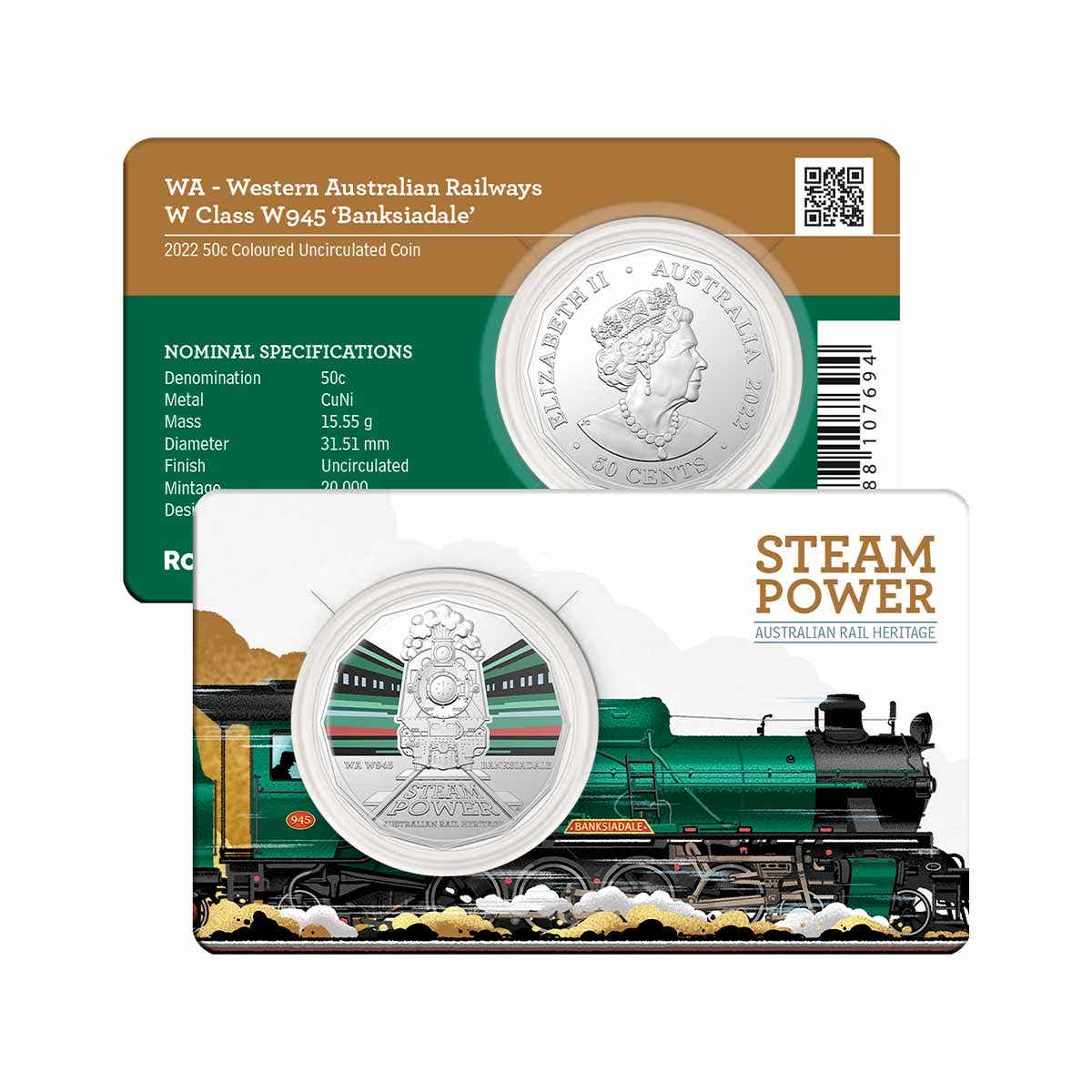 2022 50c Steam Power - WA Railways W Class W945 'Banksiadale' Coloured Coin - Mastercoins