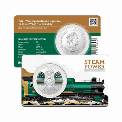 2022 50c Steam Power - WA Railways W Class W945 'Banksiadale' Coloured Coin - Mastercoins