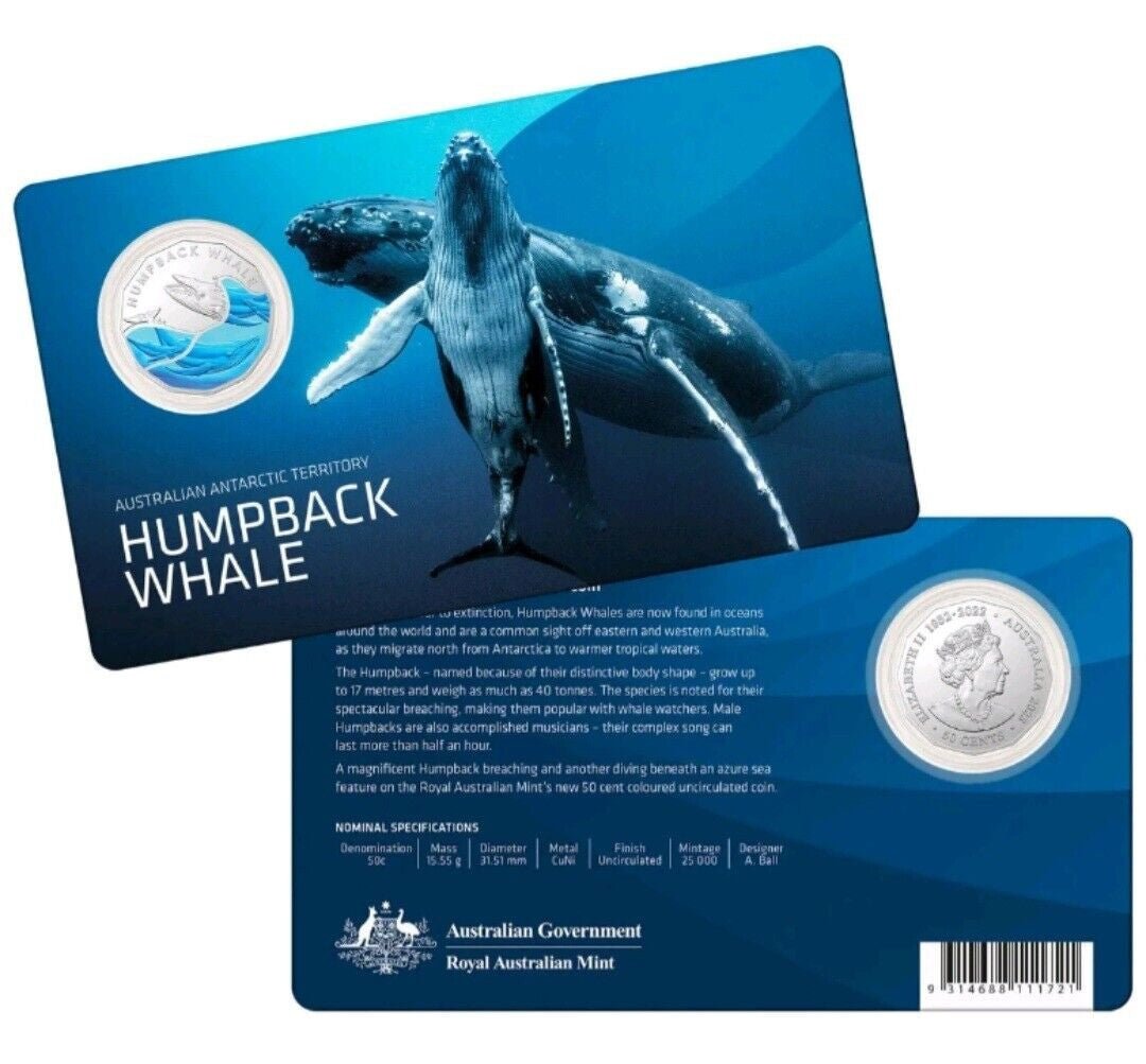 2023 50c Australian Antarctic Territory - Humpback Whale Coloured Coin - Mastercoins