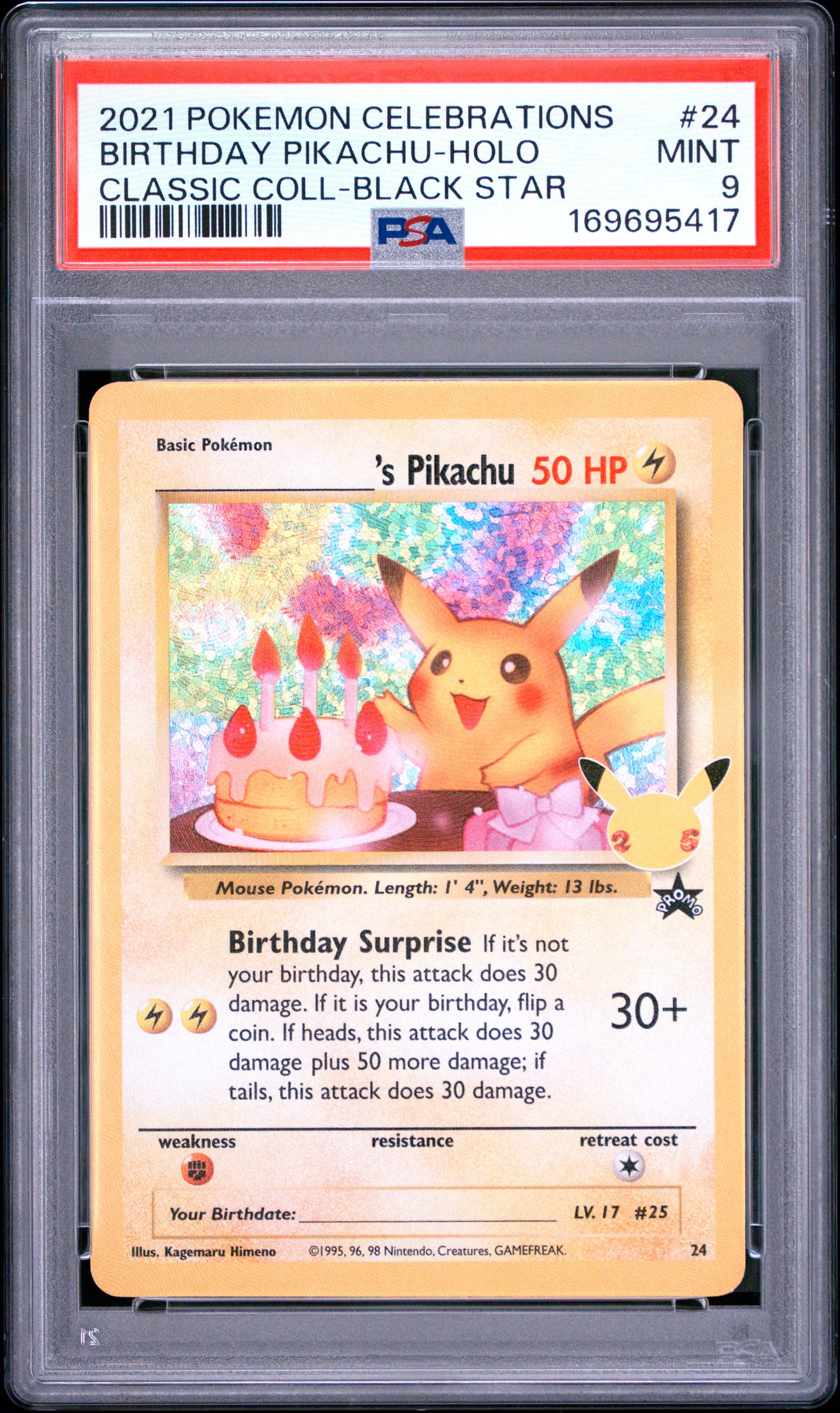 🎰👀 BIRTHDAY PIKACHU HOLO 24 CELEBRATIONS CLASSIC COLLECTION PSA 9