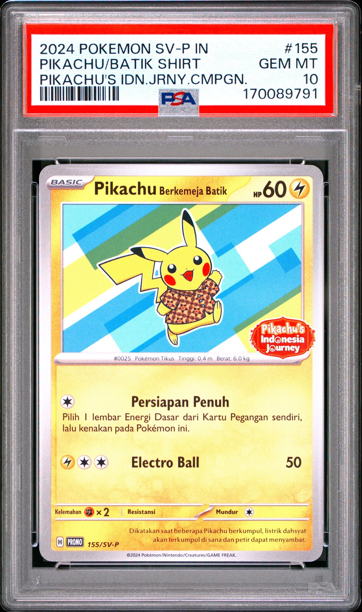Pikachu In Batik Shirt 155 PSA 10 Indonesian Sv-P Promo Mastercoins
