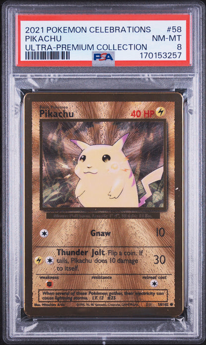 🎰👀 PIKACHU 58/102 CELEBRATIONS UPC GOLD PROMO PSA 8
