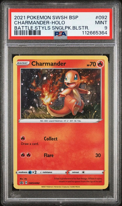 ?? CHARMANDER SWSH 092 HOLO SWIRL PROMO BATTLE STYLES SINGLE PACK BLISTER PSA 9 - Mastercoins