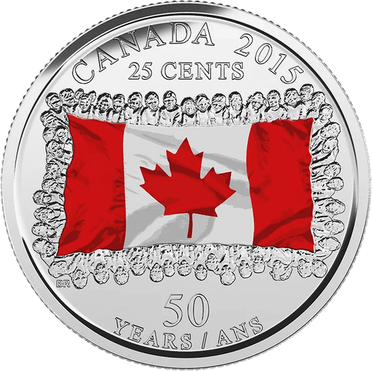 (Coloured) 2015 Canadian 25 Cent National Flag 50 Years - UNC ex Mint Roll - Mastercoins