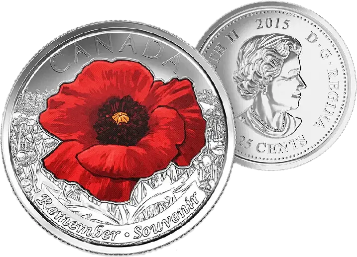 (Coloured) 2015 Canadian 25 Cent Remembrance Poppy Coin - UNC ex Mint Roll - Mastercoins