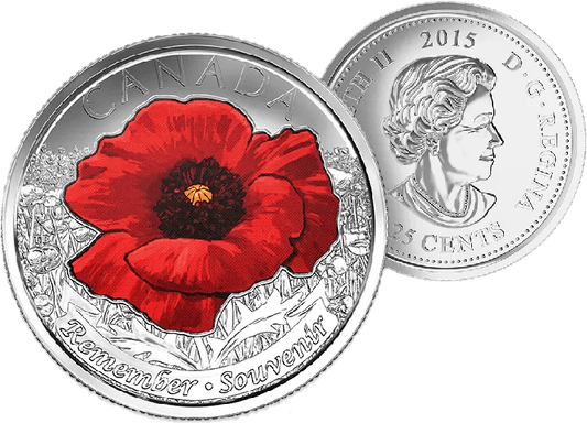 (Coloured) 2015 Canadian 25 Cent Remembrance Poppy Coin - UNC ex Mint Roll - Mastercoins