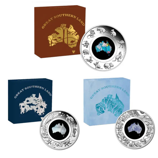 Great Southern Land 1oz Silver Proof Coin Set of 3 - Opal, Mother of Pearl, Lepidolite - Mastercoins