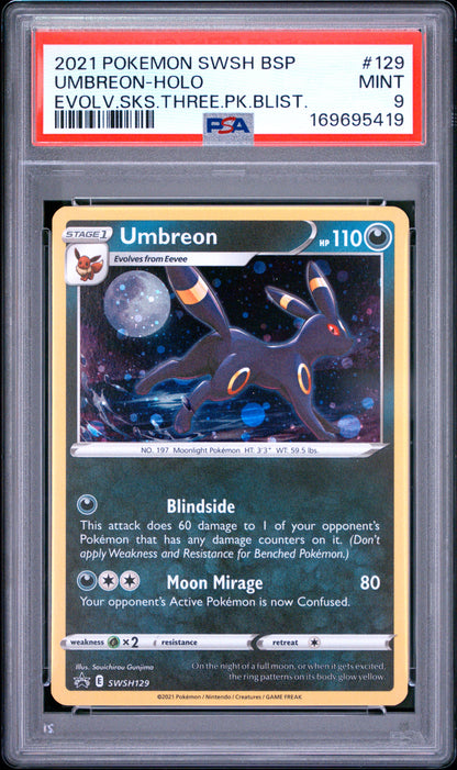 🎰👀 UMBREON HOLO 129/203 SWSH BLACK STAR PROMO PSA 9