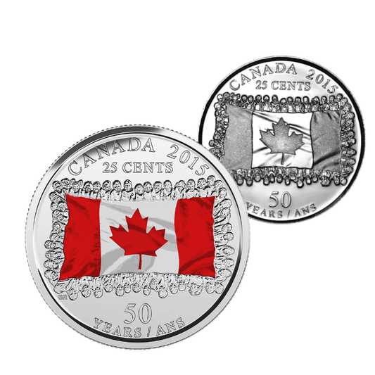 (Pair) 2015 Canadian 25 Cent National Flag 50 Years Coloured & Non - Coloured - UNC ex Mint Roll - Mastercoins