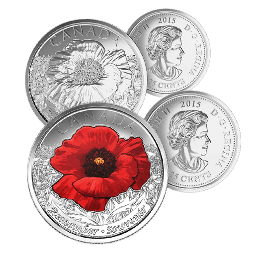 (Pair) 2015 Canadian 25 Cent Remembrance Poppy Coloured & Non - Coloured Coin - UNC - Mastercoins