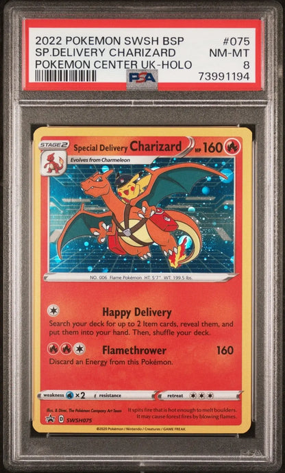 ?SPECIAL DELIVERY CHARIZARD SWSH 075 - HOLO POKEMON CENTER U.KINGDOM PSA 8 - Mastercoins